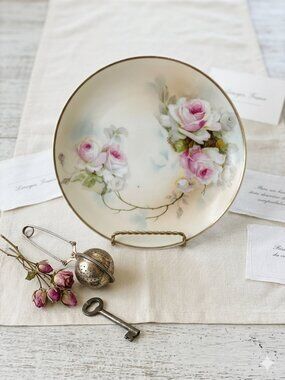 Vintage PSAG Bavaria Hand Painted Rose Plate 8” Gold Trim Floral Germany Cottage